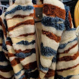 Anthropologie Red White and Blue faux fur coat Size medium